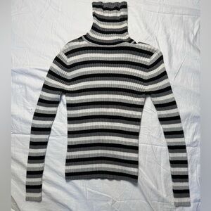 Small Ann Taylor LOFT Black and Gray Striped Turtleneck Sweater